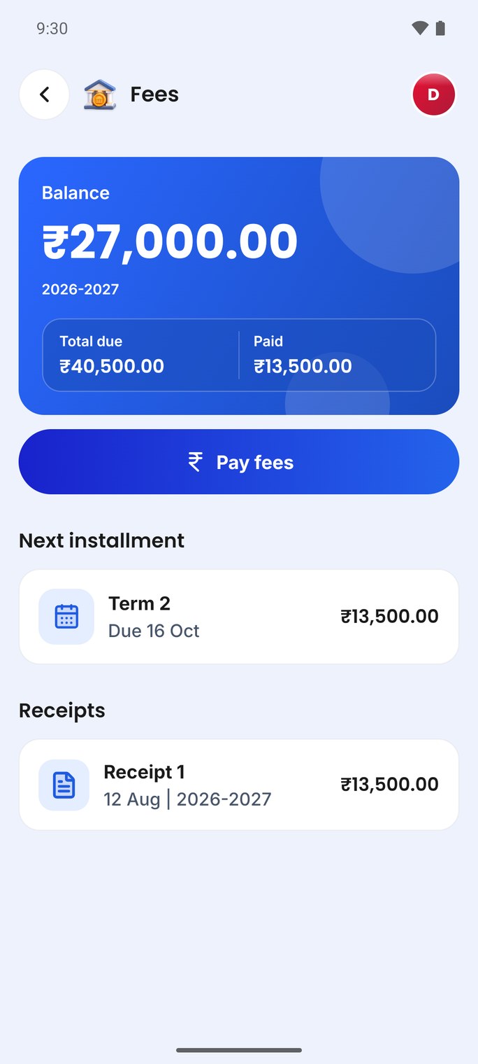 The parent app's fees screen: balance, next instalment and a receipt