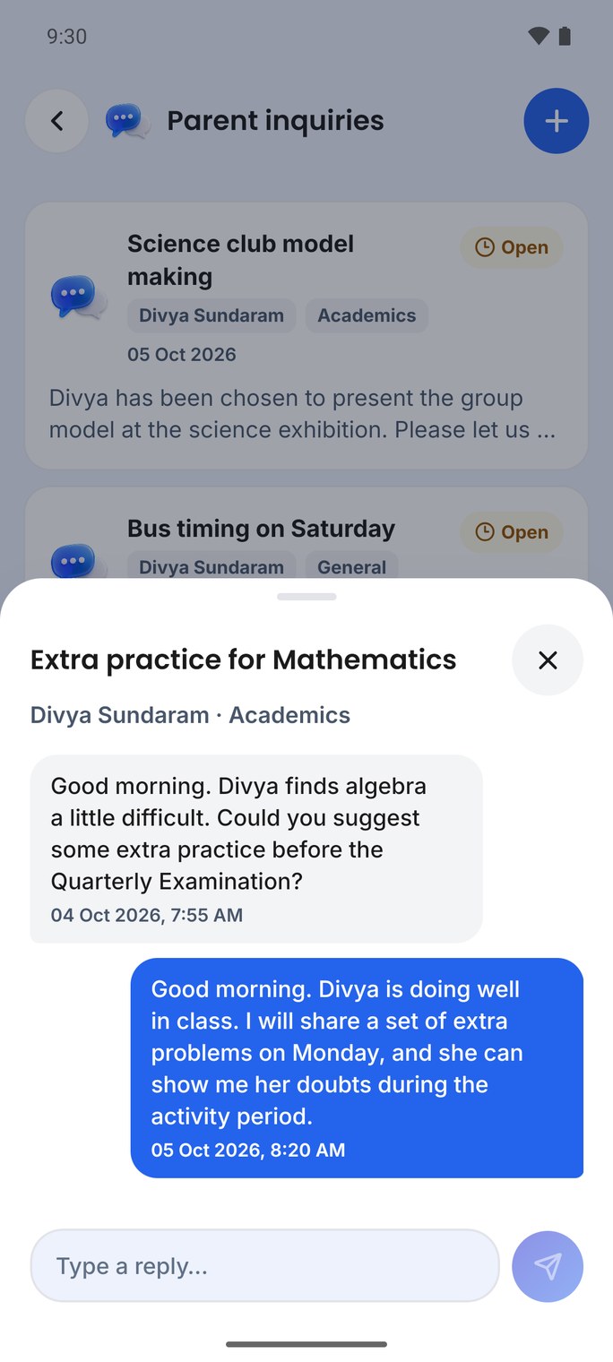A parent inquiry thread in the teacher app with a reply box