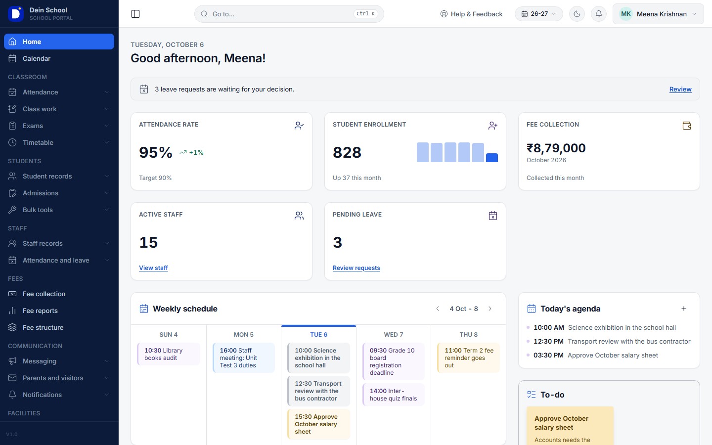 The Dein School dashboard: today's attendance rate, student enrolment and this month's fee collection