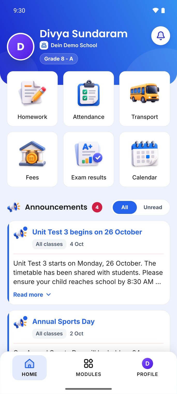 The Dein School parent app's Home screen: the child's name at the top, tiles for each module and the latest announcements